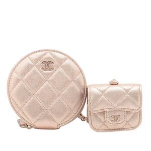 Chanel Cc Quilted Metallic Lambskin Coin Pouch And Airpods Pro Case